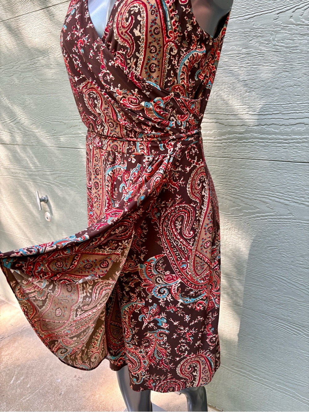 Lauren Ralph Lauren Brown Paisley Wrap Midi Dress with Red & Teal Accents - Picture 5 of 7
